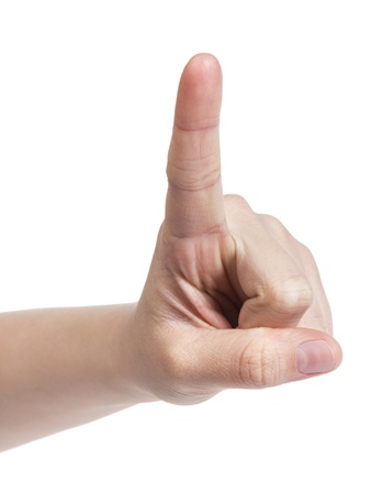 female teen hand touching virtual interface, isolated on whiteの写真素材