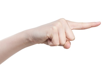 female teen hand touching virtual interface, isolated on whiteの写真素材
