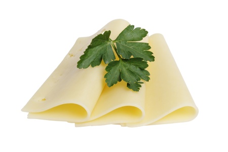 folded slices of edam cheese, isolated on whiteの写真素材