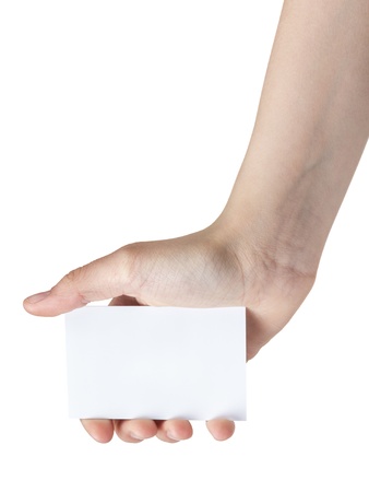 female teen hand holding blank paper card, isolated on whiteの写真素材