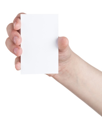 female teen hand holding blank paper card, isolated on whiteの写真素材