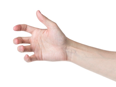 adult man hand to hold something like phone, isolated on whiteの写真素材