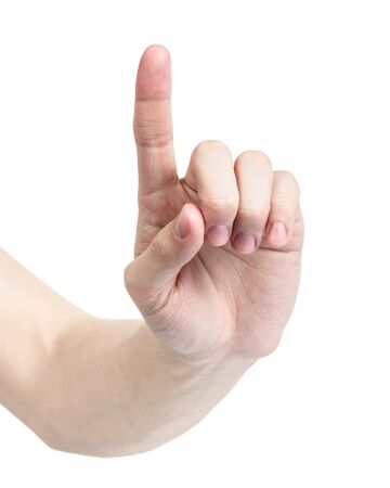 adult man hand touching virtual interface, isolated on whiteの写真素材