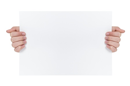 two female teen hands showing blank paper sheet, isolated on whiteの写真素材