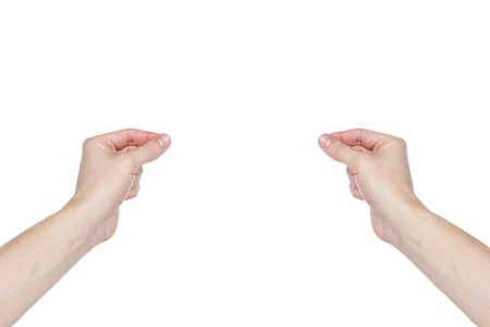two adult man hands to hold or show something, isolated on whiteの写真素材