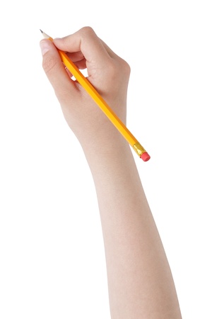 female teen hand holding pencil with eraser top, isolated on whiteの写真素材