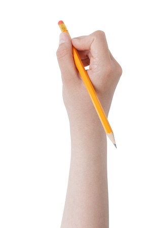female teen hand holding pencil with eraser top, isolated on whiteの写真素材