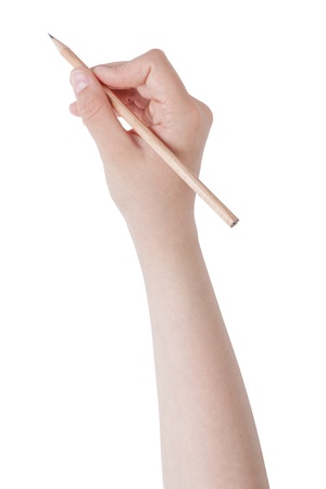 female teen hand holding natural wood pencil, isolated on whiteの写真素材