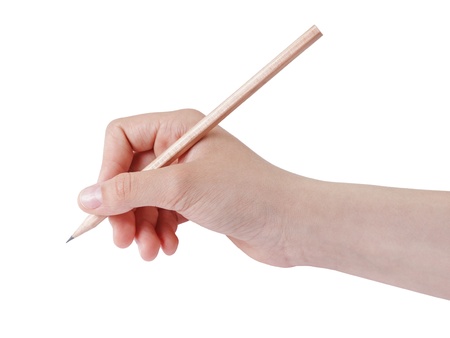 female teen hand holding natural wood pencil, isolated on whiteの写真素材