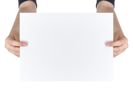 two female teen hands showing blank paper sheet, isolated on whiteの写真素材