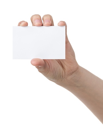 female teen hand showing blank paper card, isolated on whiteの写真素材