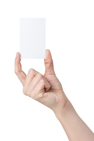female teen hand hold vertical blank paper card, isolated on whiteの写真素材