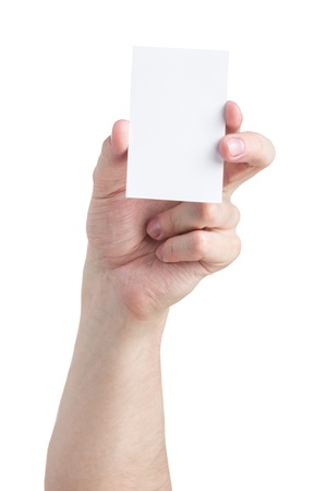 adult man hand holding blank visiting card, isolated on whiteの写真素材