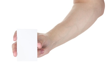 adult man hand holding blank visiting card, isolated on whiteの写真素材