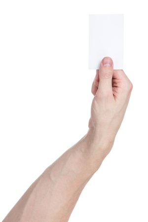 adult man hand holding blank visiting card, isolated on whiteの写真素材