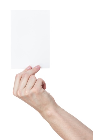 adult man hand holding blank paper card, isolated on whiteの写真素材