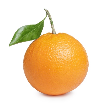 ripe round orange with stem and leaf, isolated on white backgroundの写真素材