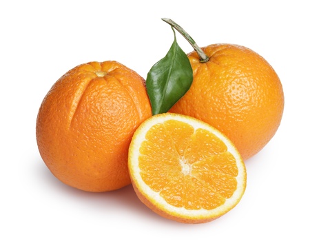 ripe round oranges with half, stem and leaf, isolated on white backgroundの写真素材