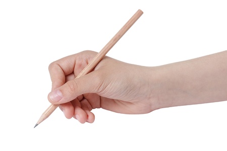 female teen hand holding natural wood pencil, isolated on whiteの写真素材