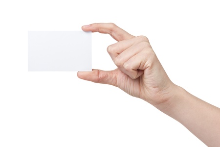 female teen hand holding blank visiting card, isolated on whiteの写真素材