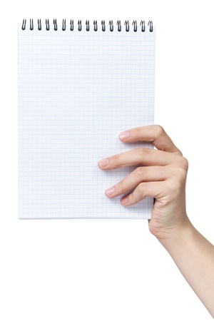 female teen hand holding notebook on a spring to write something, isolatedの写真素材