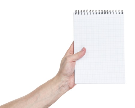 adult man hand holding notebook on a spring with blank page to write something, isolatedの写真素材