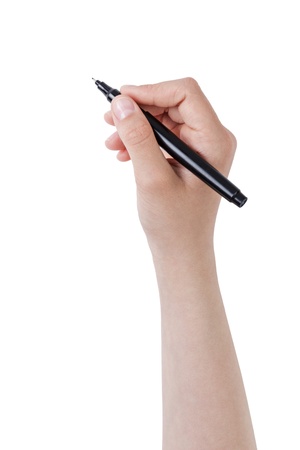 female teen hand writing something with pen or marker, isolatedの写真素材