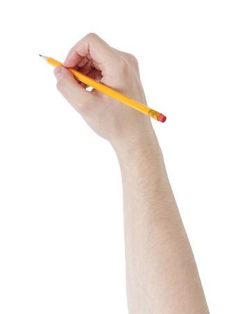 adult man hand write something with pencil, isolated on whiteの写真素材