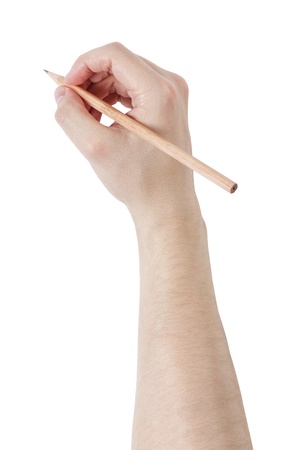 adult man hand write something with pencil, isolated on whiteの写真素材