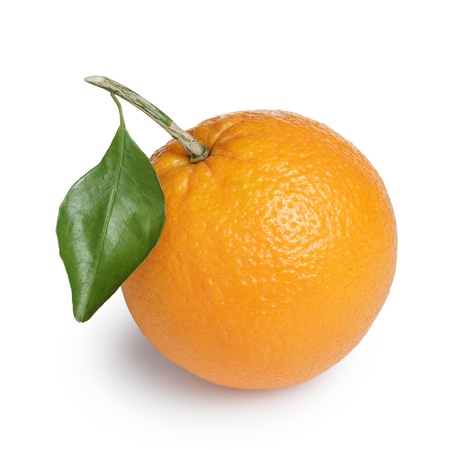 ripe round orange with stem and leaf, isolated on white backgroundの写真素材