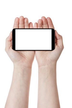 female teen hands holding generic touch device, isolated in white with white screenの写真素材