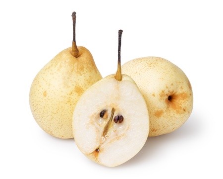 three whole nashi pears, isolated on white backgroundの写真素材