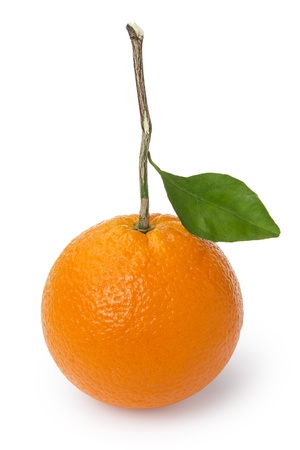 ripe round orange with stem and leaf, isolated on white backgroundの写真素材