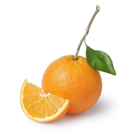 ripe round oranges with stem and leaf, isolated on white backgroundの写真素材