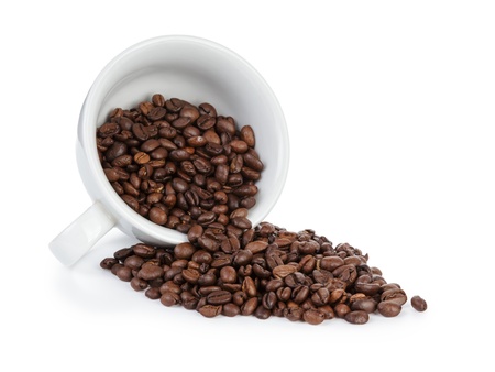 coffee cup full of bean inverted, isolated on whiteの写真素材