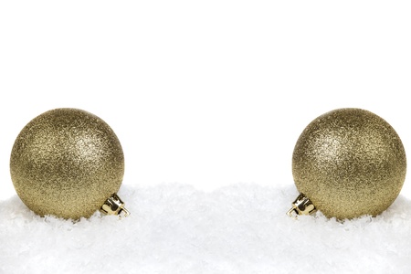 snow border with two christmas balls, with white copy spaceの写真素材
