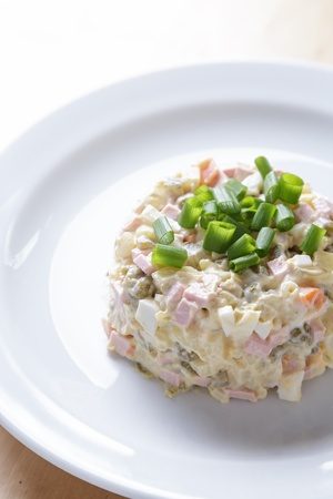 russian salad olivier served with onion in plateの写真素材