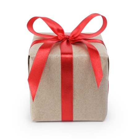 small gift box wraped in recycled paper with ribbon bow, isolated