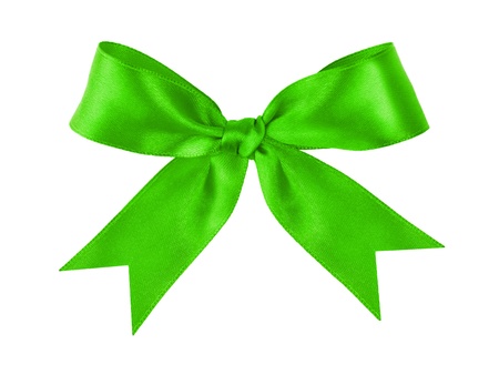 green festive tied bow made from ribbon, isolated on whiteの写真素材