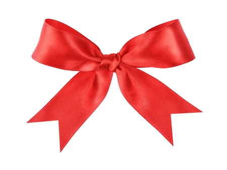 red festive tied bow made from ribbon, isolated on whiteの写真素材