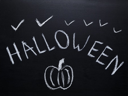 halloween sketch drawn on chalkboard, halloween templateの写真素材
