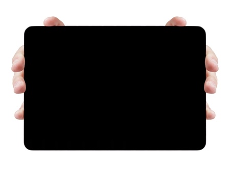 female teen hands showing black tablet pc with blank screen, isolatedの写真素材