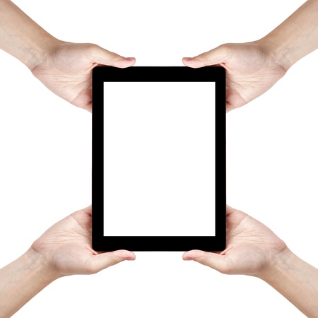 four man hands holding generic tablet pc, isolatedの写真素材