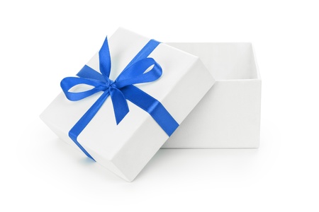 open white textured gift box with blue ribbon bow, isolated on whiteの写真素材