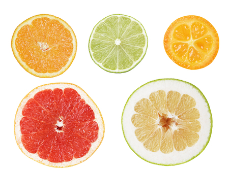 Set of cuts from citrus fruits, isolated on whiteの写真素材