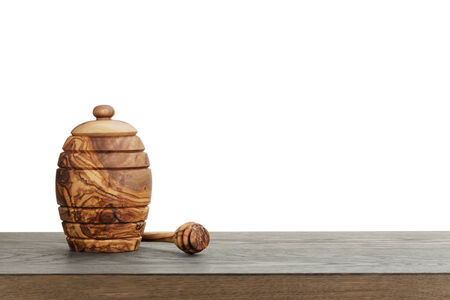 wooden honey pot with dipper, template for backgroundの写真素材