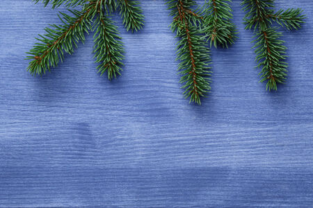 christmas tree branch on blue wood table, rustic background