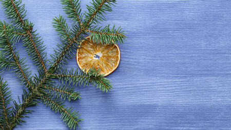 christmas tree branch on blue wood table, rustic backgroundの写真素材