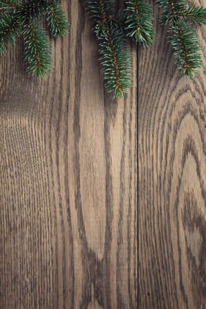 fir branch on stained oak table from above, vintage tonedの写真素材