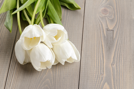 white tulips on rustic wood tableの写真素材